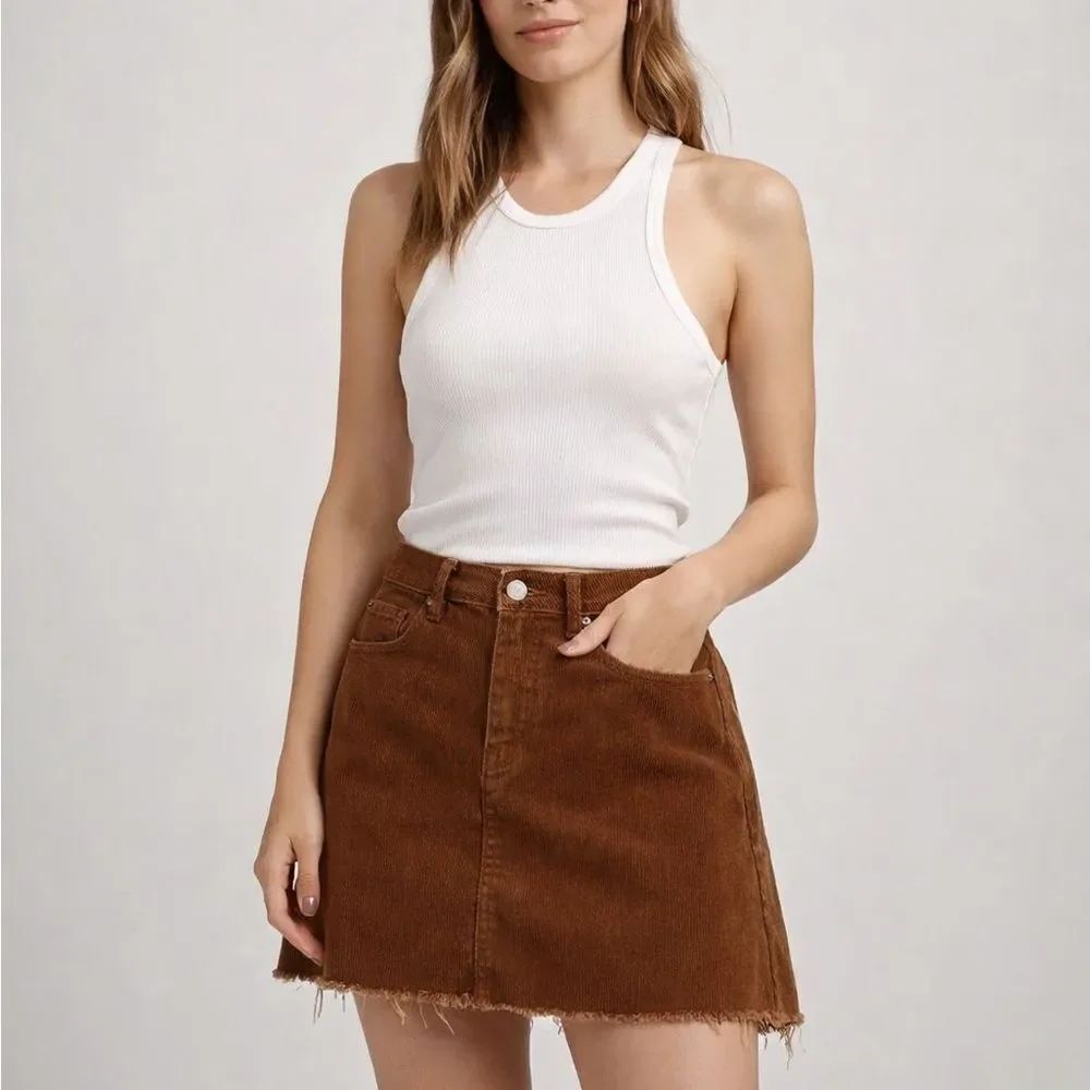 Blank NYC Brown Corduroy Mini Skirt Raw Hem Size 31